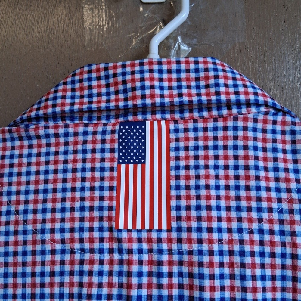 Rhoback Polo Shirt Mens L Red White Blue Gingham Performance USA Flag Patriotic - Picture 10 of 13